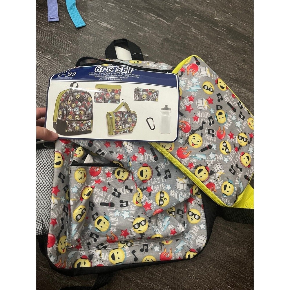 A22 Backpack 6 Piece Emoji Backpack NWT Gray Yellow School‎ Bag